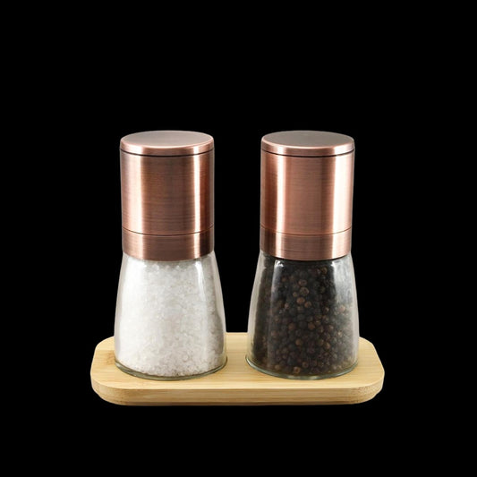 Oasis Upside-down Mill - Gift Box Set | Copper top Glass Jar - 13.5cm - Black Pepper (65g) & Australian Salt (160g) Bamboo Tray