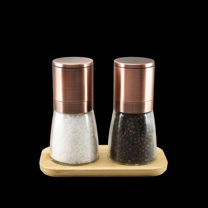 Oasis Upside-down Mill - Gift Box Set | Copper top Glass Jar - 13.5cm - Black Pepper (65g) & Australian Salt (160g) Bamboo Tray