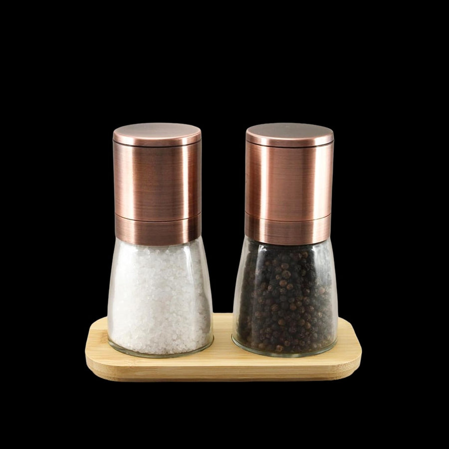 Oasis Upside-down Mill - Gift Box Set | Copper top Glass Jar - 13.5cm - Black Pepper (65g) & Australian Salt (160g) Bamboo Tray