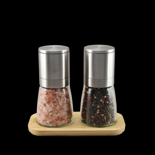 Spirit Upside-down Mill Box Set (s/steel) 13.5cm ~ Gourmet Pepper (65g) & Himalayan Salt (160g)